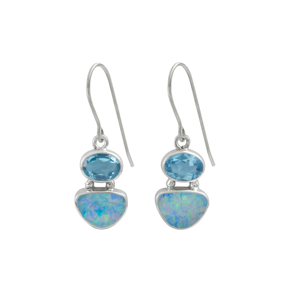 Silver Earring With Blue Topaz Oval Facet, Opal Free Form