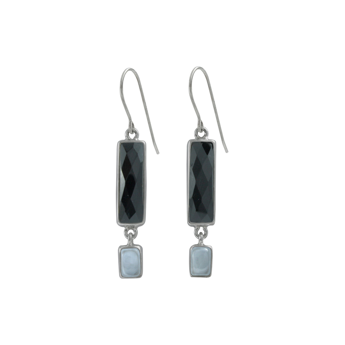 Silver Earring With Onyx Rectangle Briolet &amp; Grey Moon Stone Rectangle