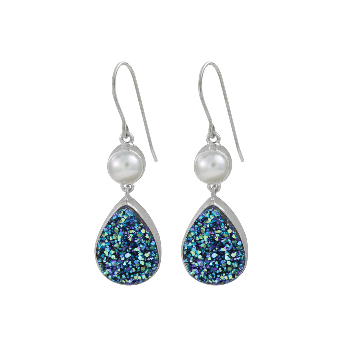 Silver Earring With Pearl Round &amp; Green Druzy Tear Drop