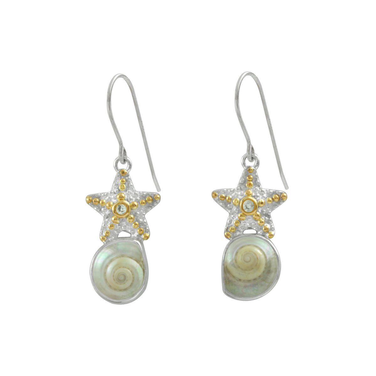 Silver Earring Star Component With Shell Malabar Turbo And White Cubic Zirchonia Round Facet