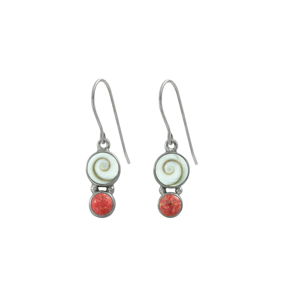 Silver Earring With Shell Spiral &amp; Sponge Coral Round
