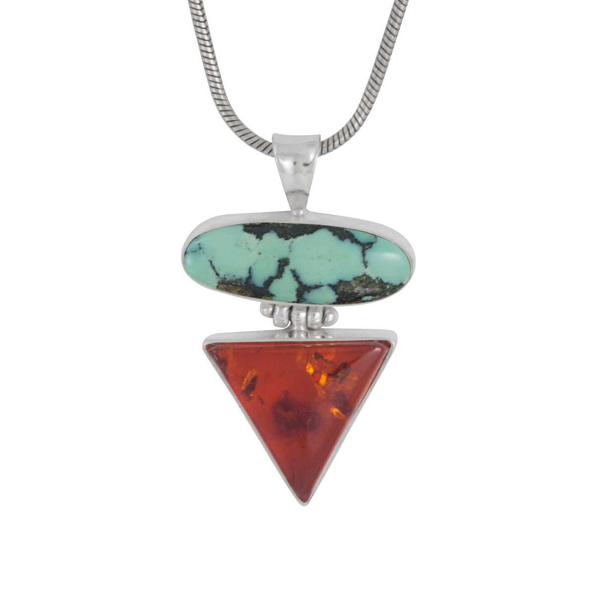 Silver Pendant With Turquoise Long Oval And Triangle Amber