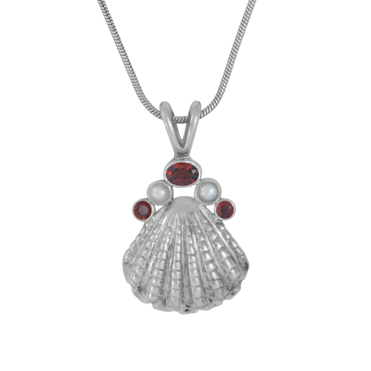 Silver Scallop Sea Shell Pendant with Gemstones