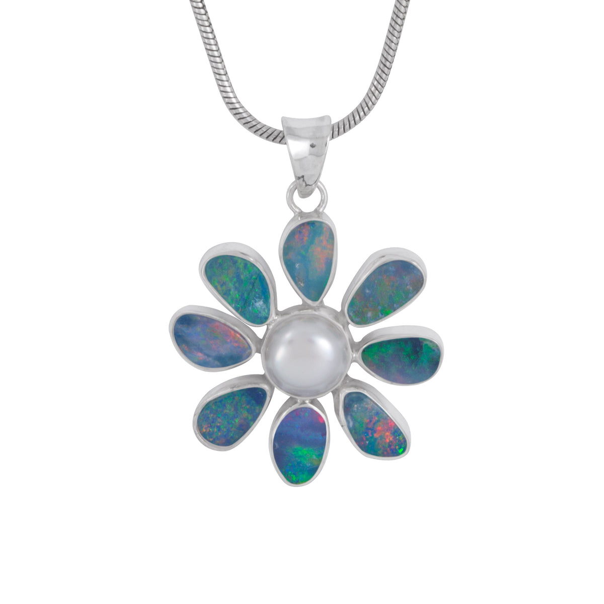Silver Flower Pendant With Opal Free Form &amp; Pearl
