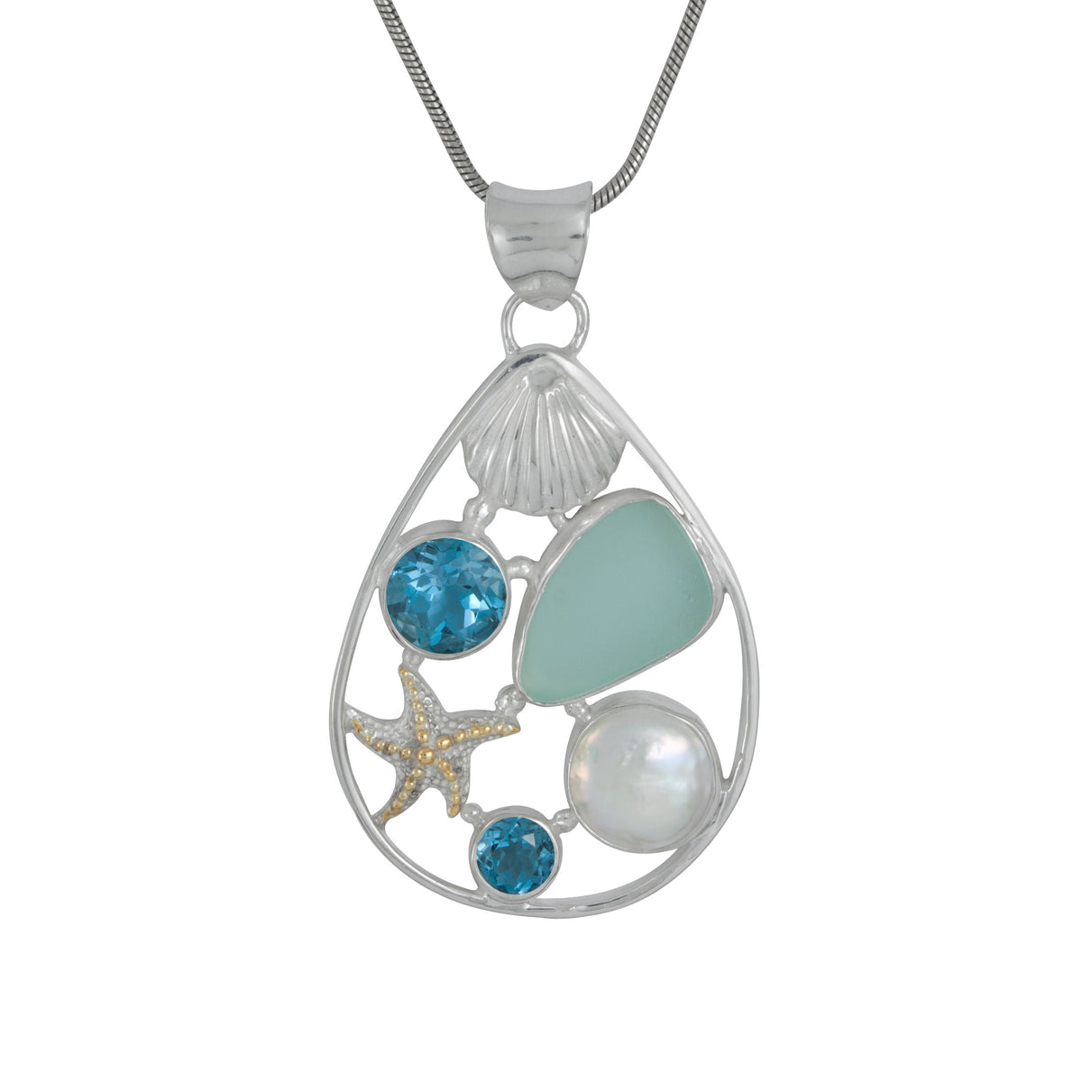 Stunning Sealife pendant with blue Topaz and pearl - truly unique