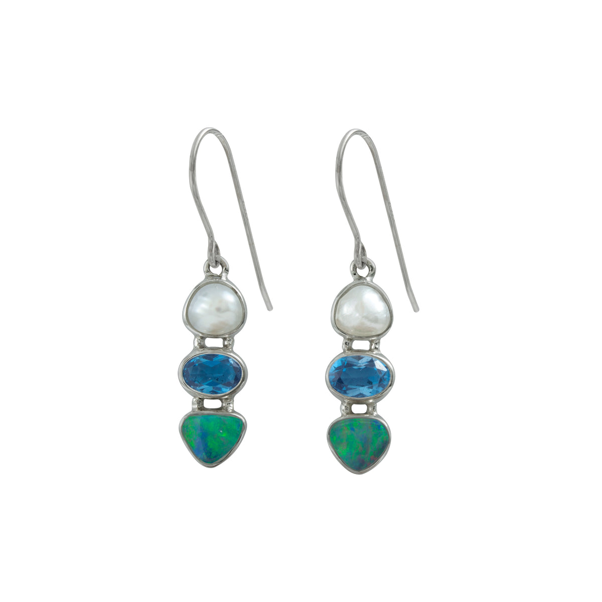Silver Earring With Pearl Keshi, London Blue Ovsl Facet, Opal Free Form