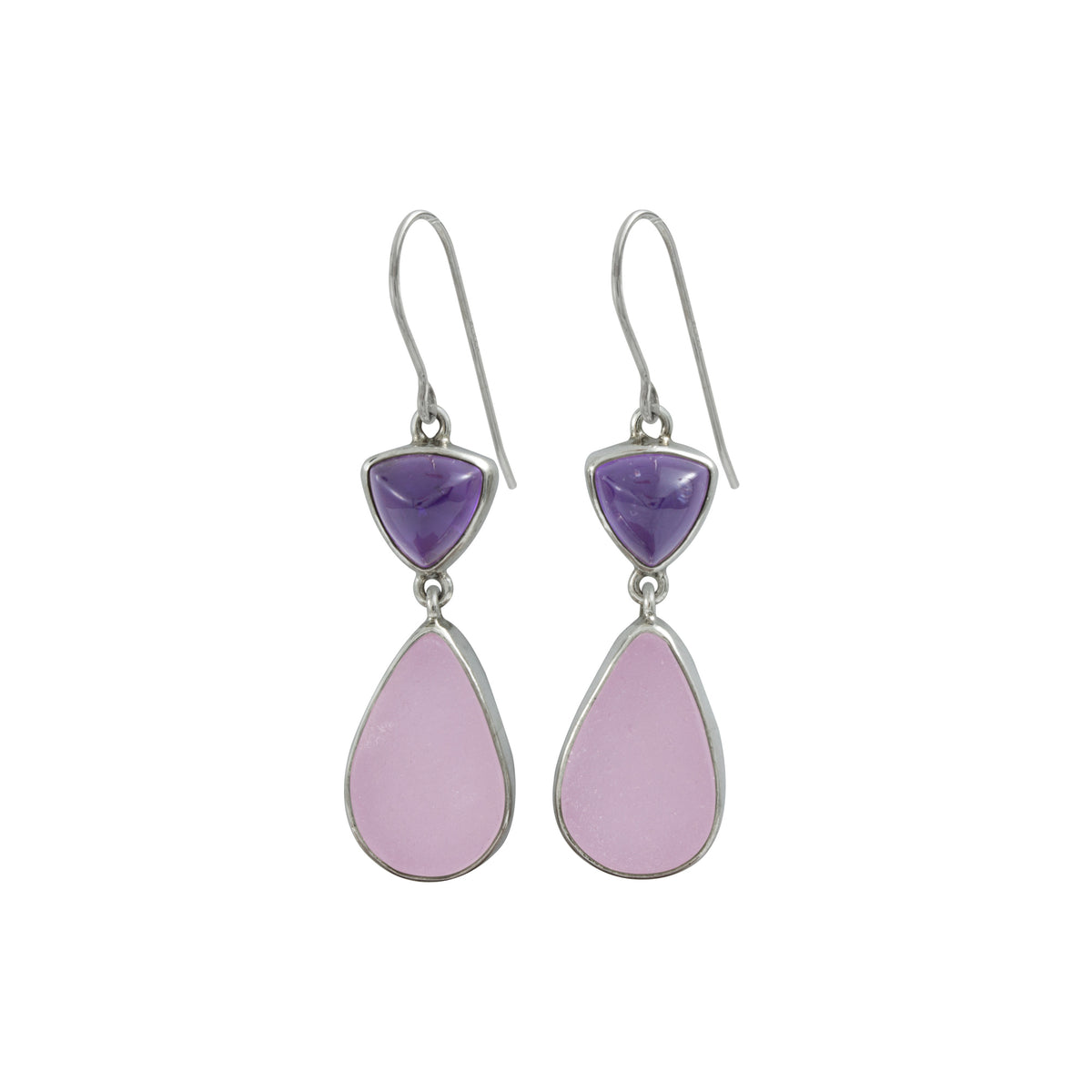Silver Earring With Amethyst Triangle &amp; Sea Glass Lavender