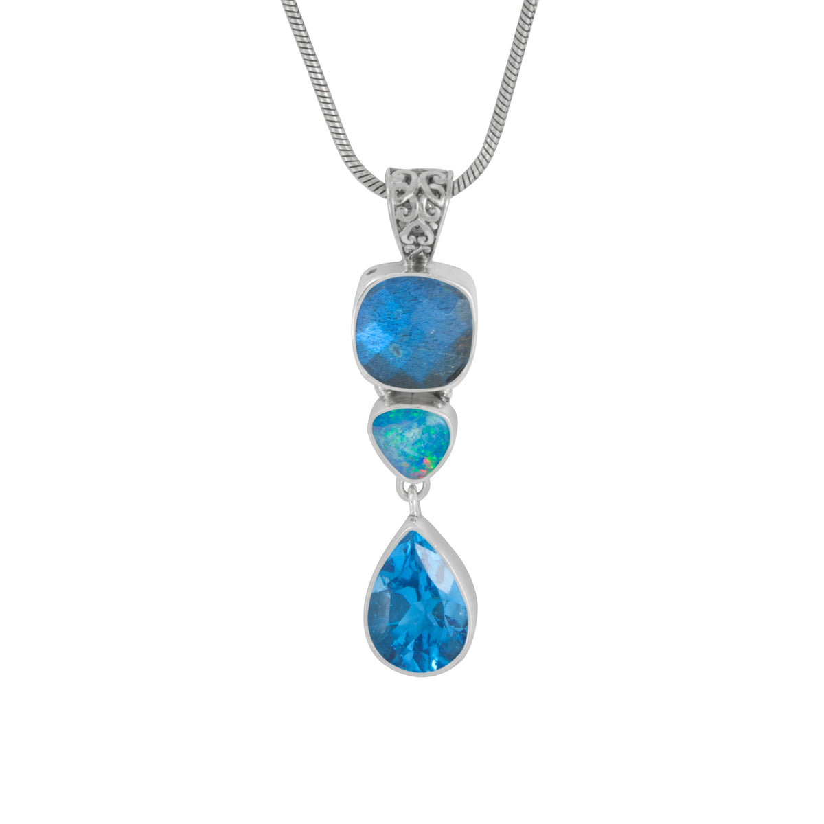 Silver Pendant Eith Labradorite Square, Opal Free Form &amp; Blue Topaz Drop