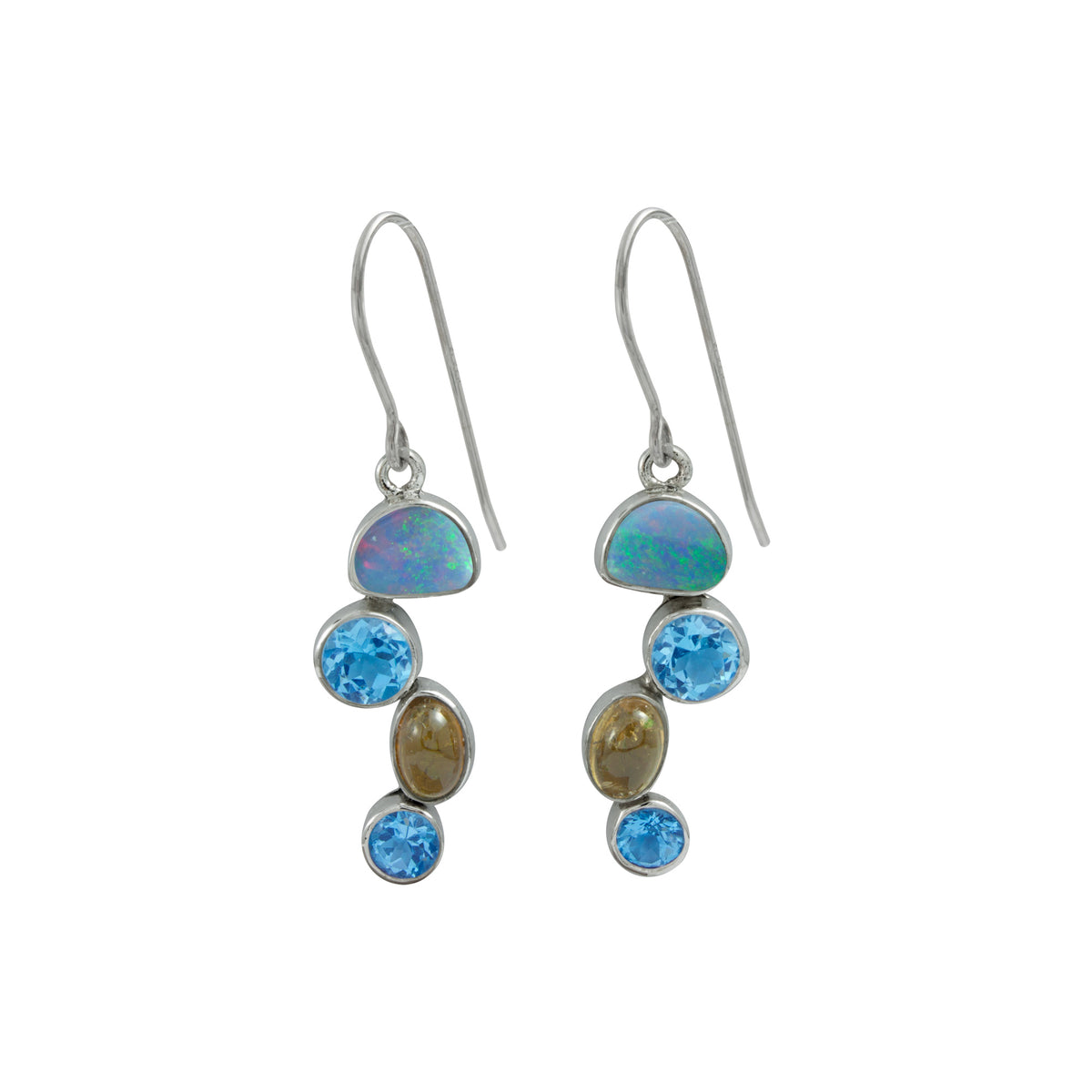 Opal ,Tourmaline and Blue Topaz bubbles cascade into a Gorgeous Earring