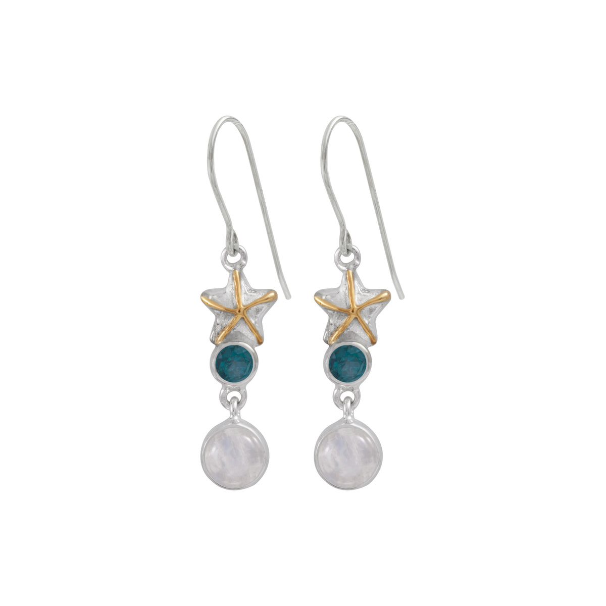 Silver Earring With Star Component, Green Topaz Round Facet And RainBow Moon Round Cab