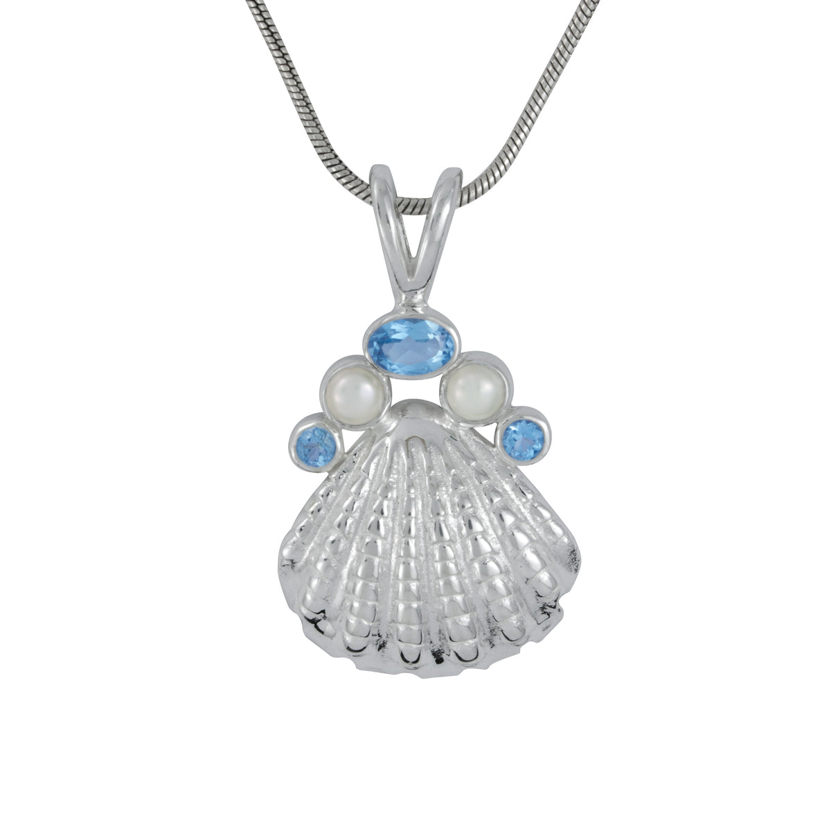 Silver Scallop Sea Shell Pendant with Gemstones