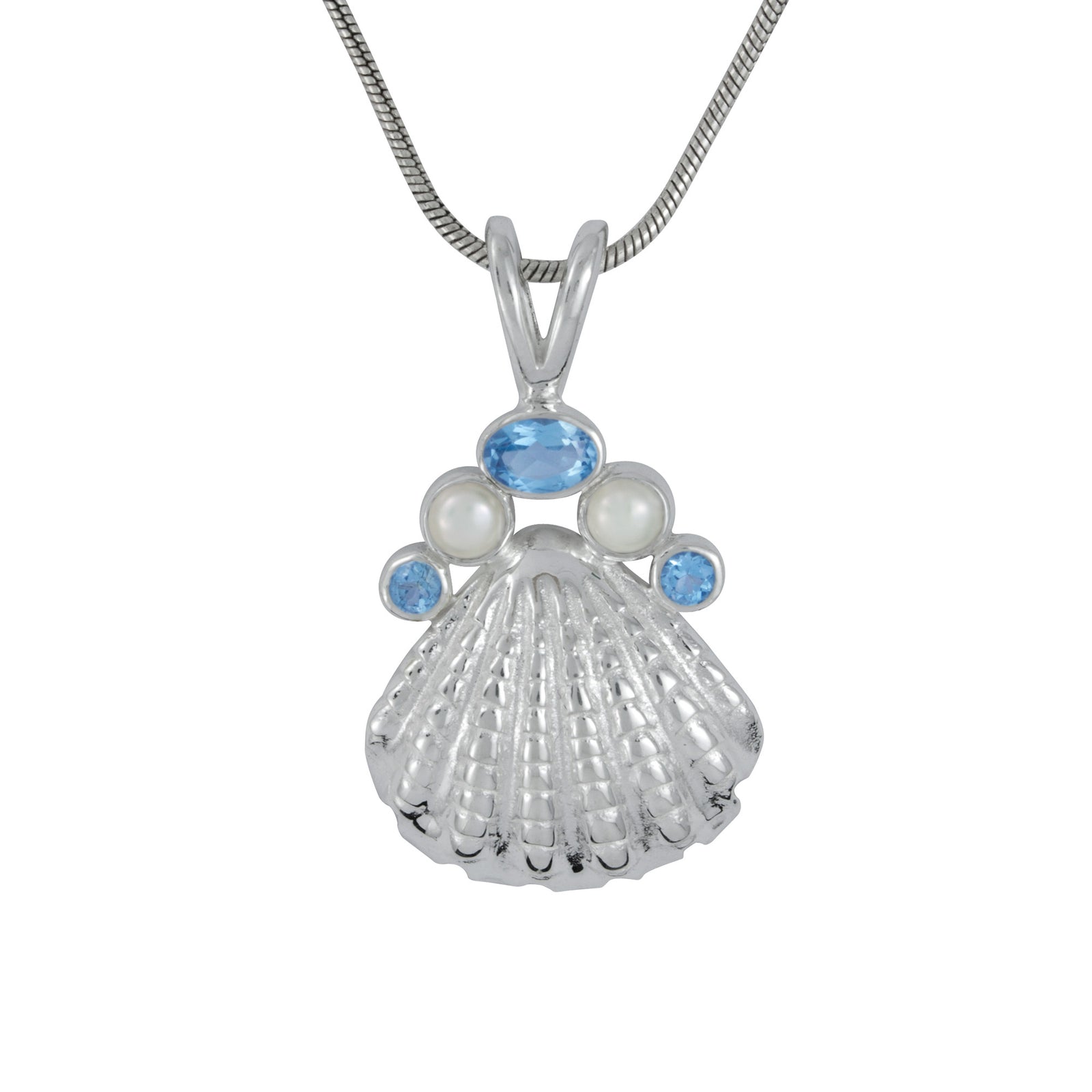 Silver Scallop Sea Shell Pendant with Gemstones