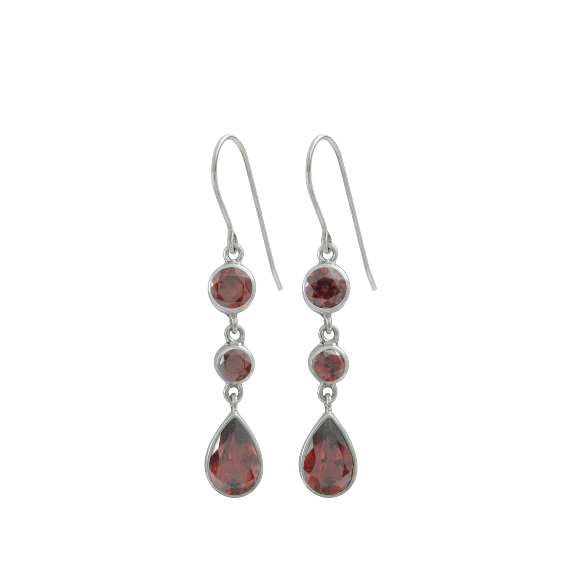 Silver Earring With Round Facet Garnet &amp; Pear