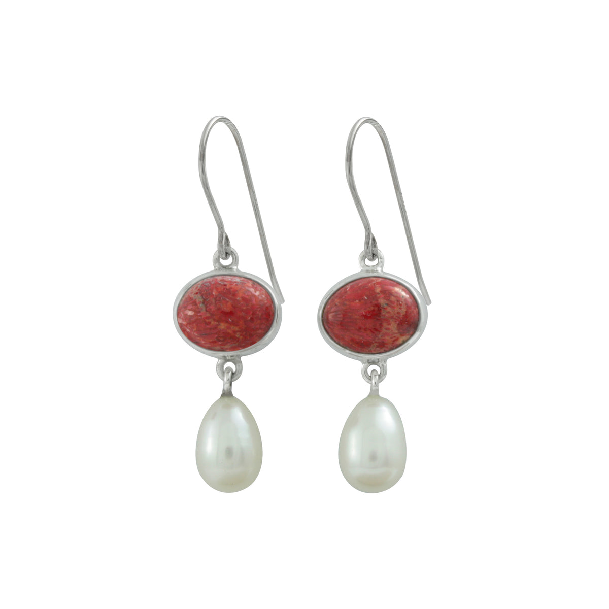 Silver Earring With Red Coral Oval &amp; Pearl