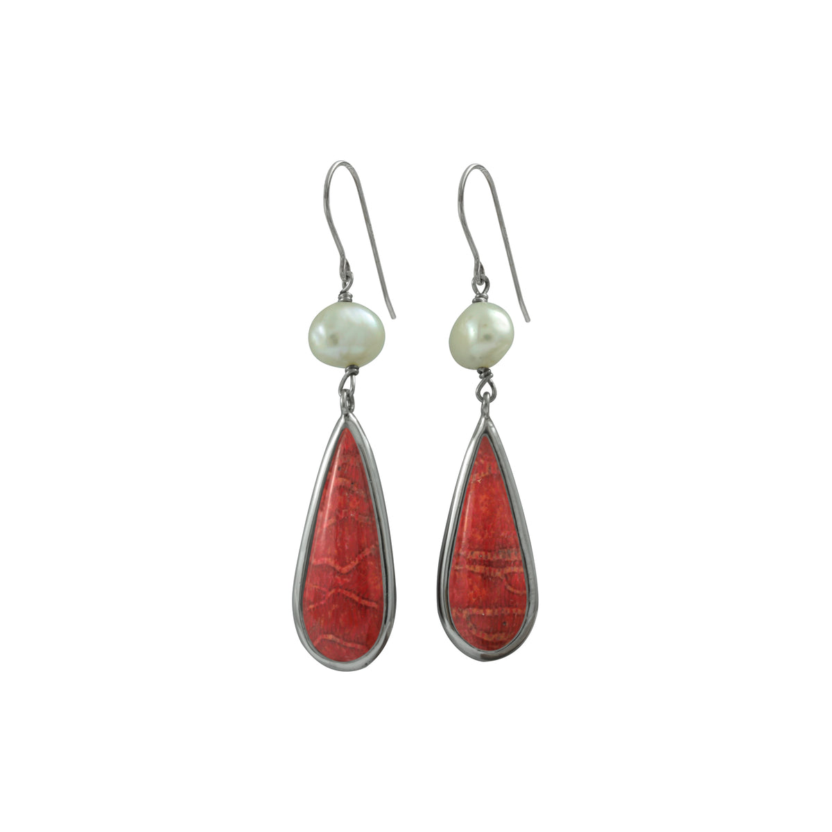 Silver Earring With Pearl &amp; Sponge Coral Tear Drop