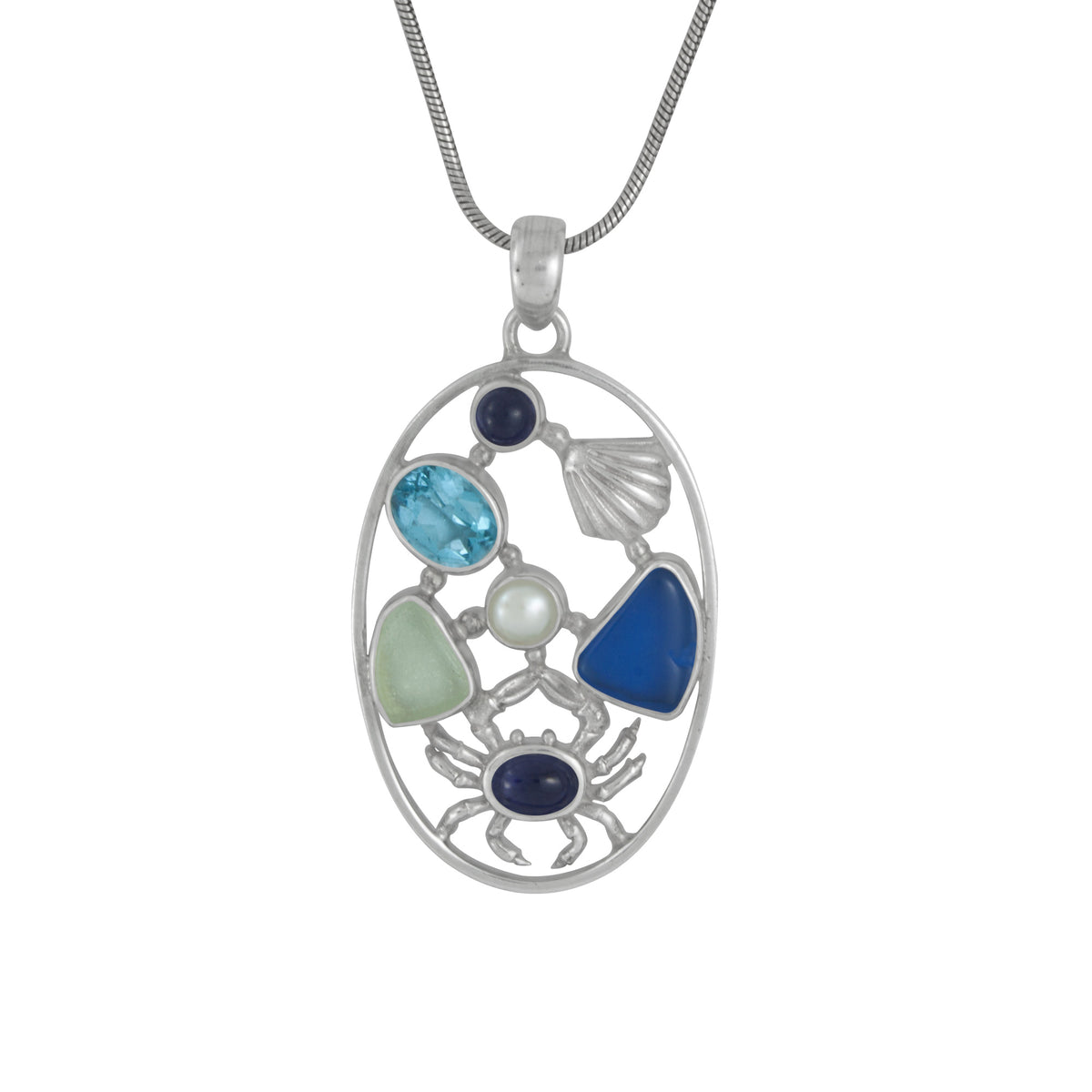 Silver Sea Life Pendant- a story of a little crab wearing a blue sweater, playing with a sea shell ,a pearl &amp; 2 pieces of sea glass