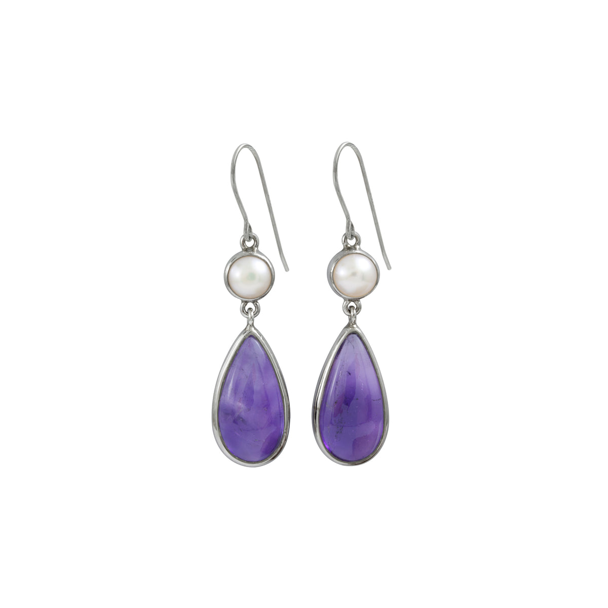 Silver Earring With Pearl &amp; Amethyst cabison Drop