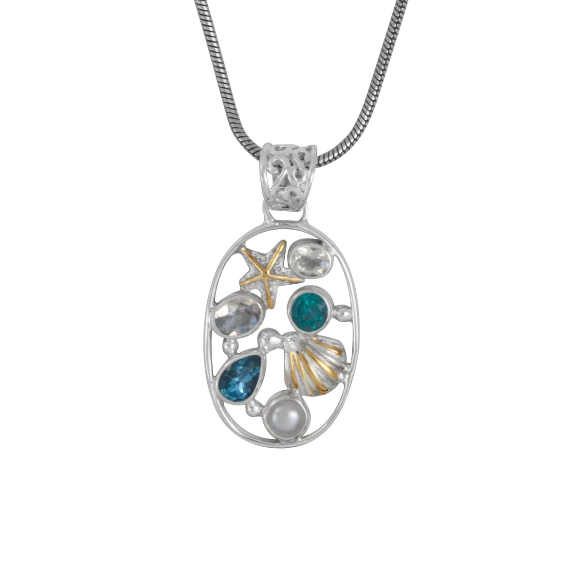 Sea life Pendant- a collage of colored gemstones and sea life