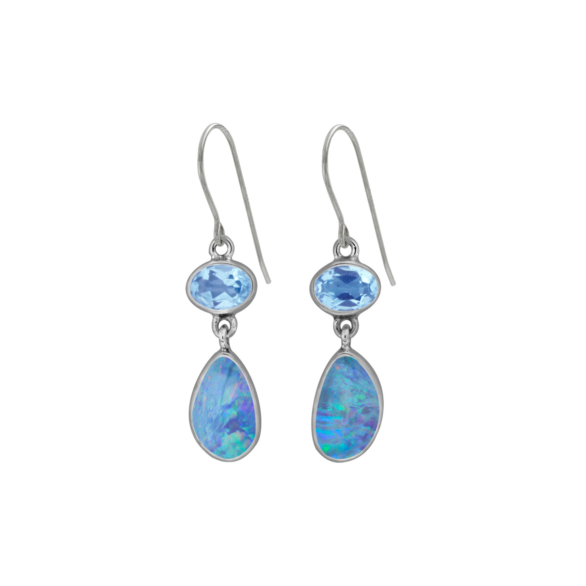 Silver Earring With Blue Topaz Oval &amp; Opal Free Form