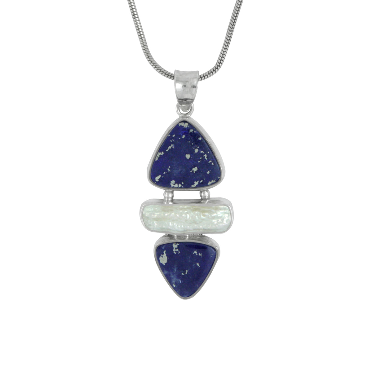 Silver Pendant With 2 Lapis Tri Angle And Pearl Biwa
