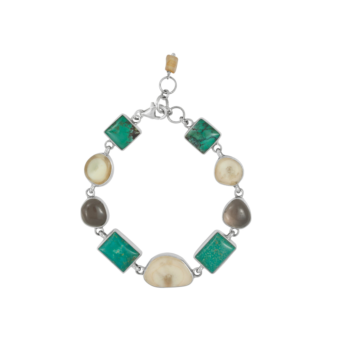 Sterling Silver Bracelet With Fossil Ivory, Turqouise Rect And Square, Smoket Free Form Cab
