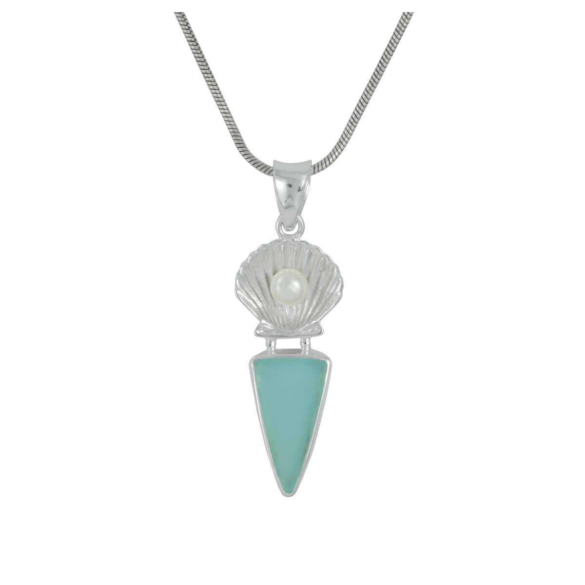 Silver Pendant With Shell Componant With Pearl Round &amp; Sea Glass Aqua