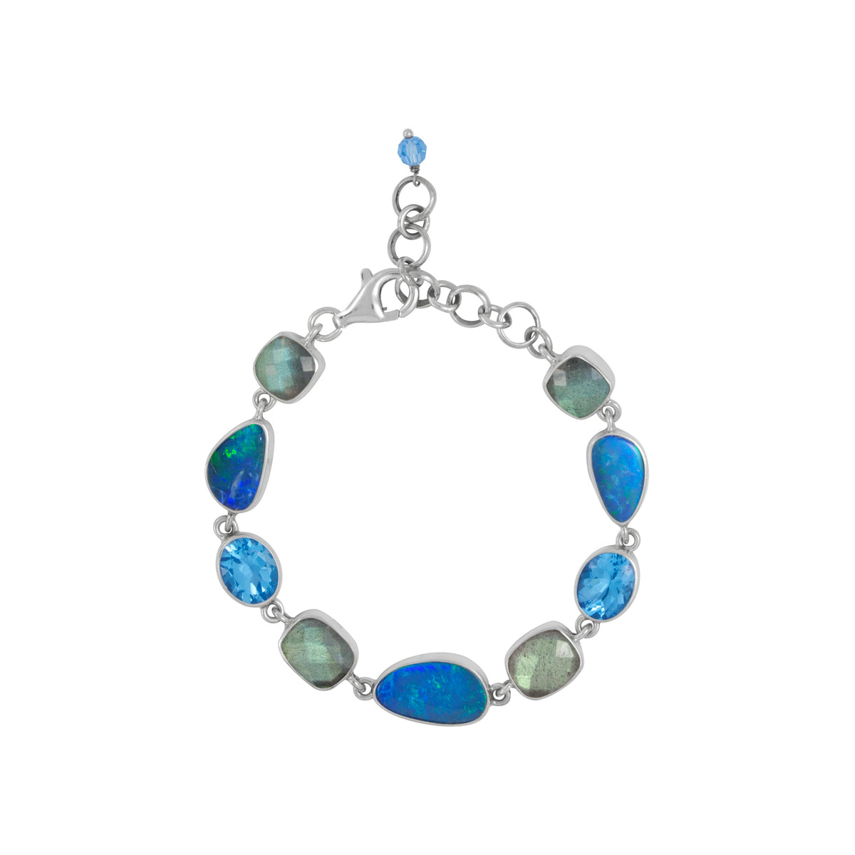 Silver Bracelet With Opal Free Form, Laboradite Cushion Checker &amp; Blue Topaz Oval