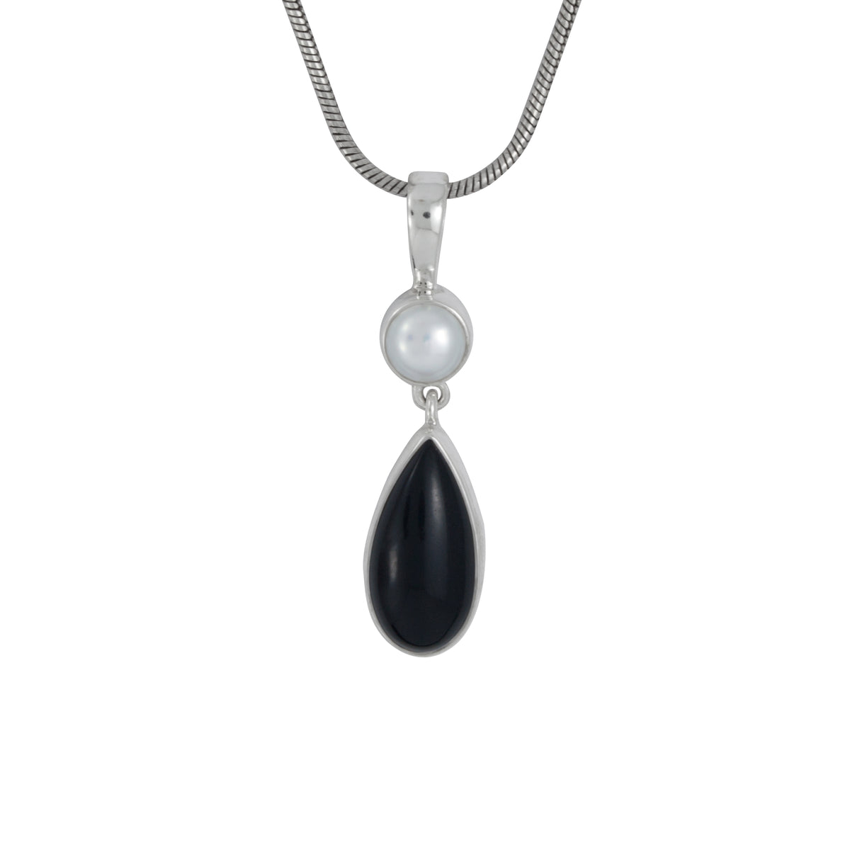 Silver Pendant With Pearl &amp; Onyx Pear Drop