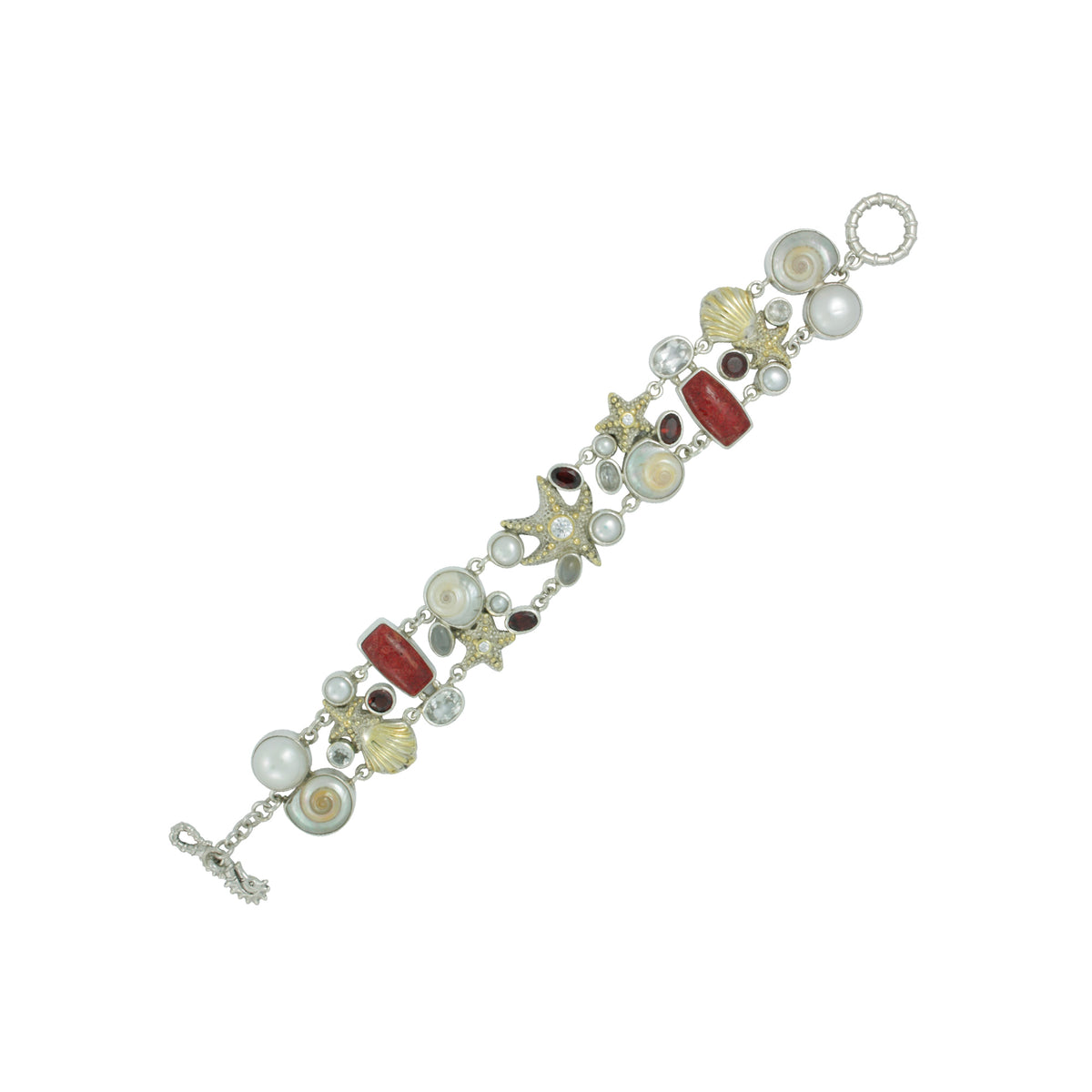 EXQUISITE Silver Bracelet With Sea Shells, gemstones and pearl
