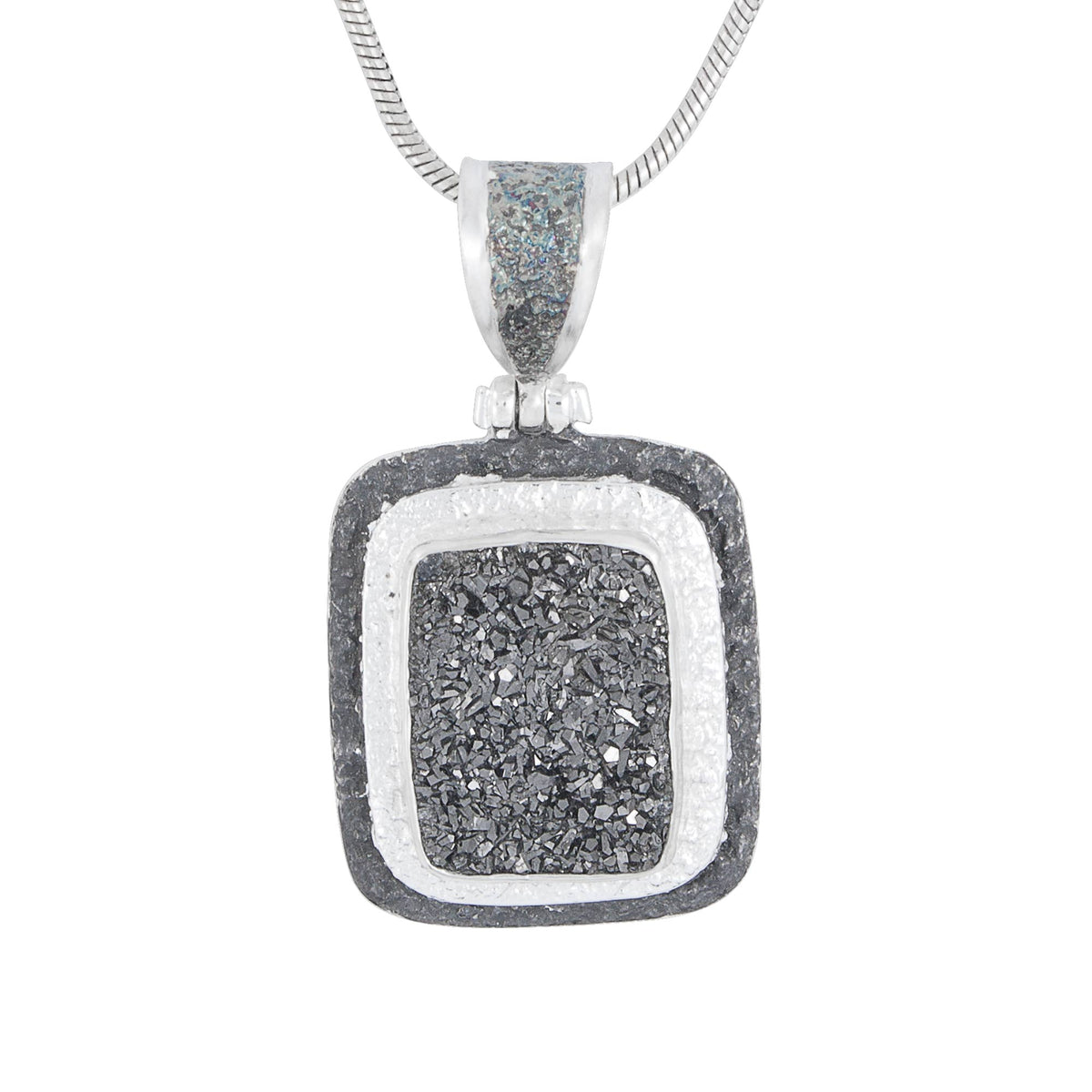 Silver Pendant Texture Component With Druzy Black Knight Rectangle