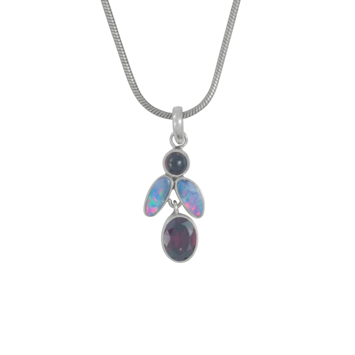 Silver Pendant With Opal Flower Shape With Rhodolite Garnet Drop