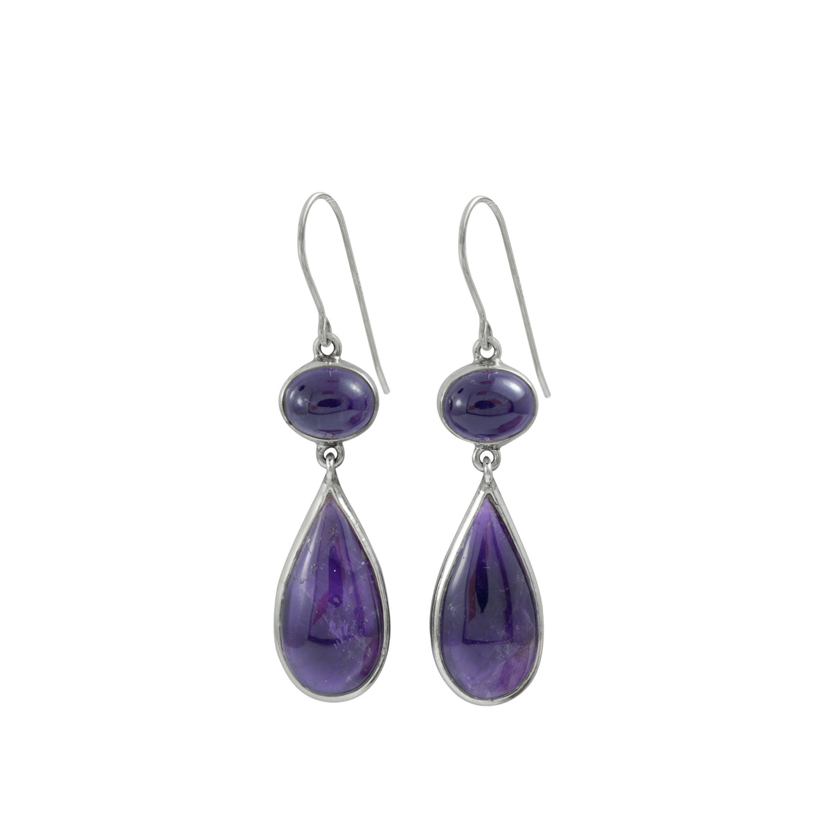 Silver Earring With Amethyst Oval Cab &amp; Amethyst Drop