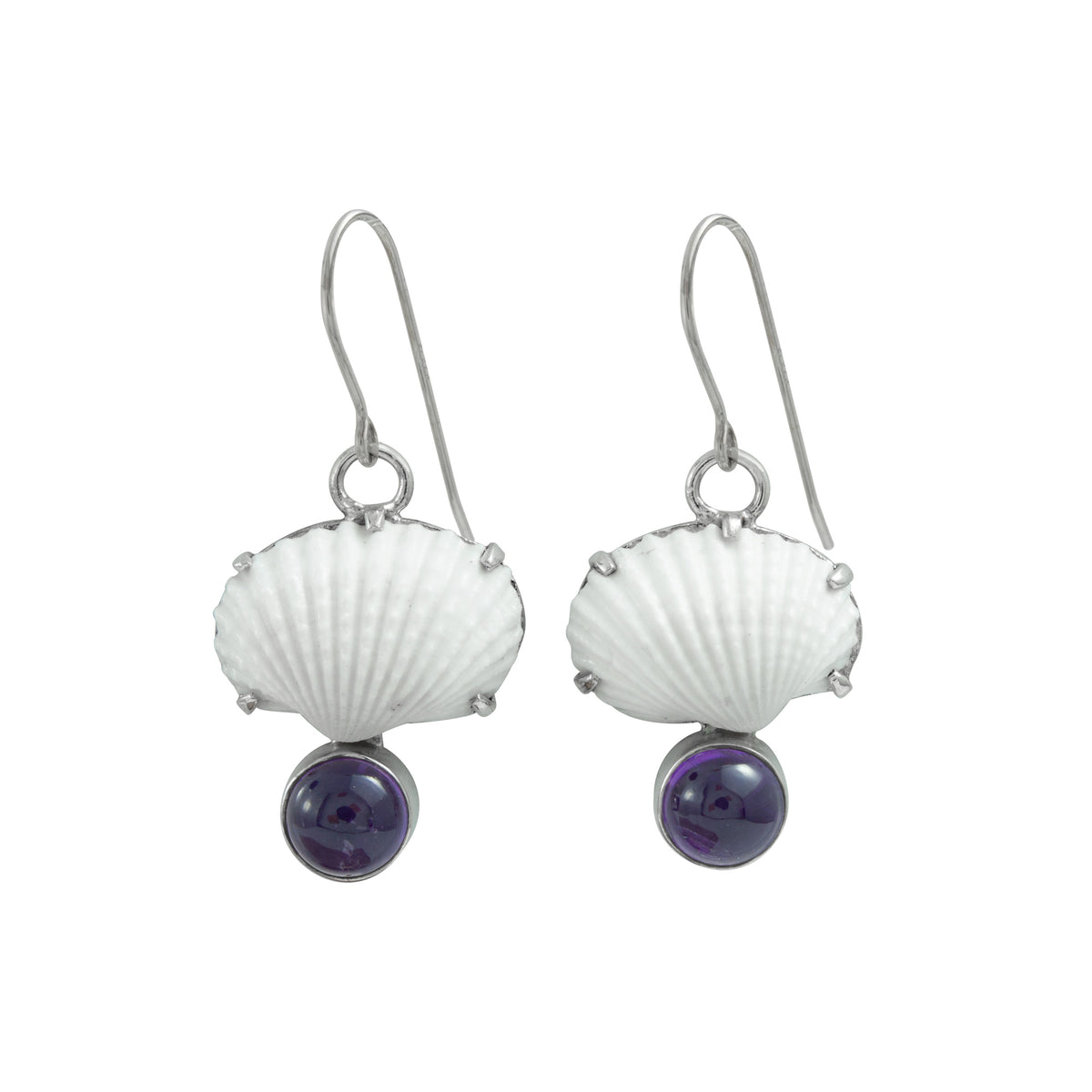 Silver Earring With Shell White Ark &amp; Amethyst Round