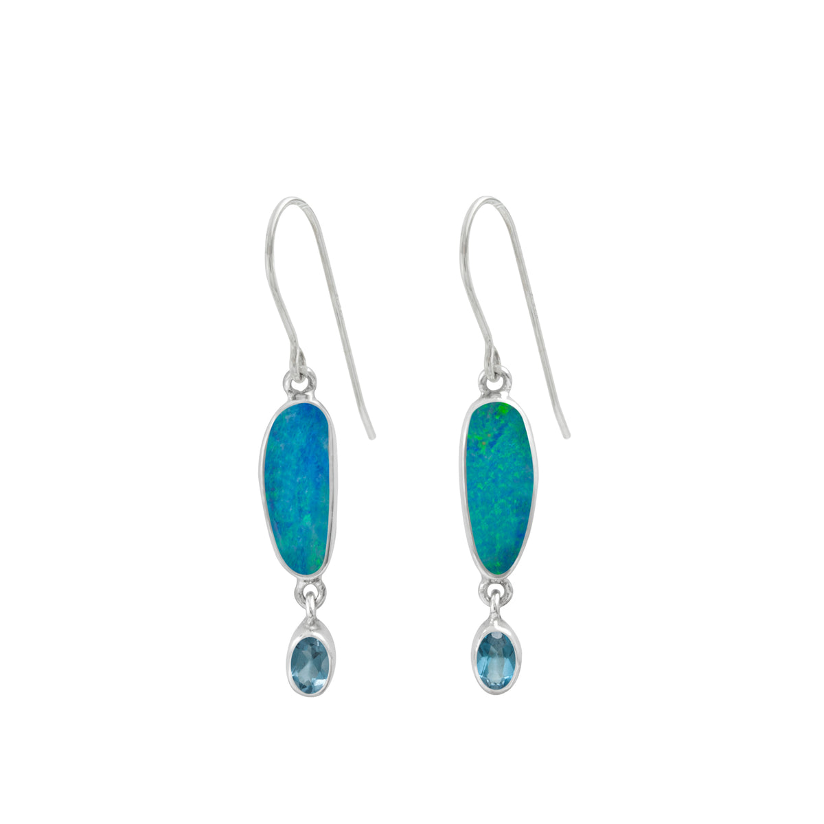 Silver Earring With Opal Free Form &amp; London Blue Oval Facet
