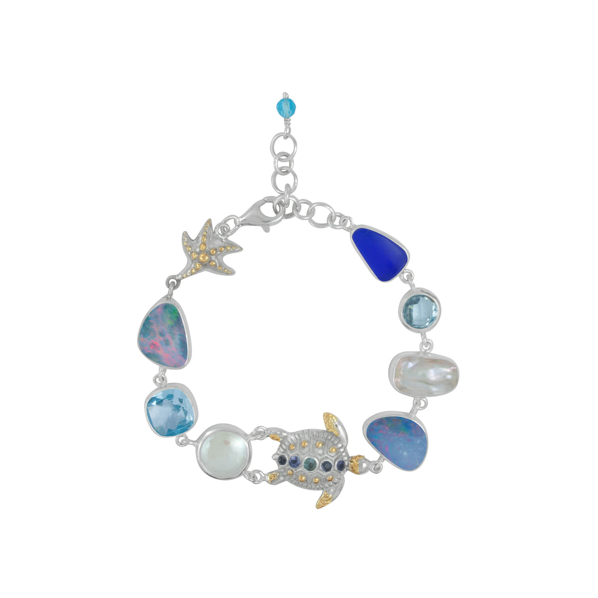 Exquisite Sea Life Bracelet featuring Sea Glass,Turtles, Opal and Gemstones.
