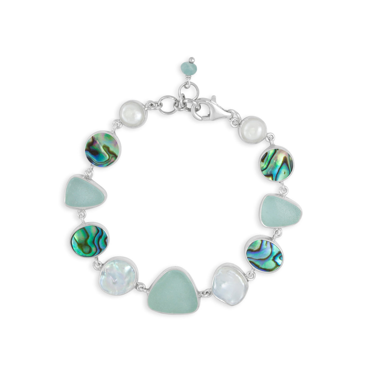 Exquisite Bracelet with Aqua Sea Glass and Shimmering Paua Shell