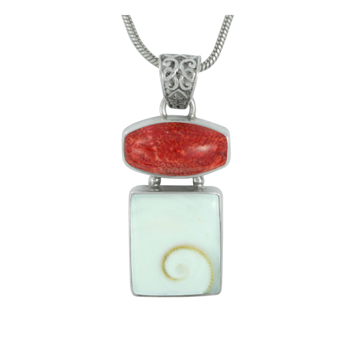 Silver Pendant  With Sponge Coral Rectangle &amp; Spiral Shell