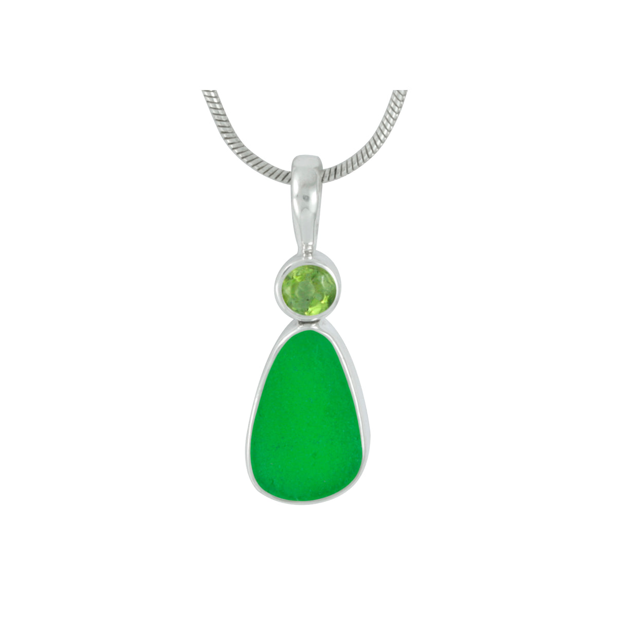 Silver Pendant With Peridot Round Facet &amp; Sea Glass Green
