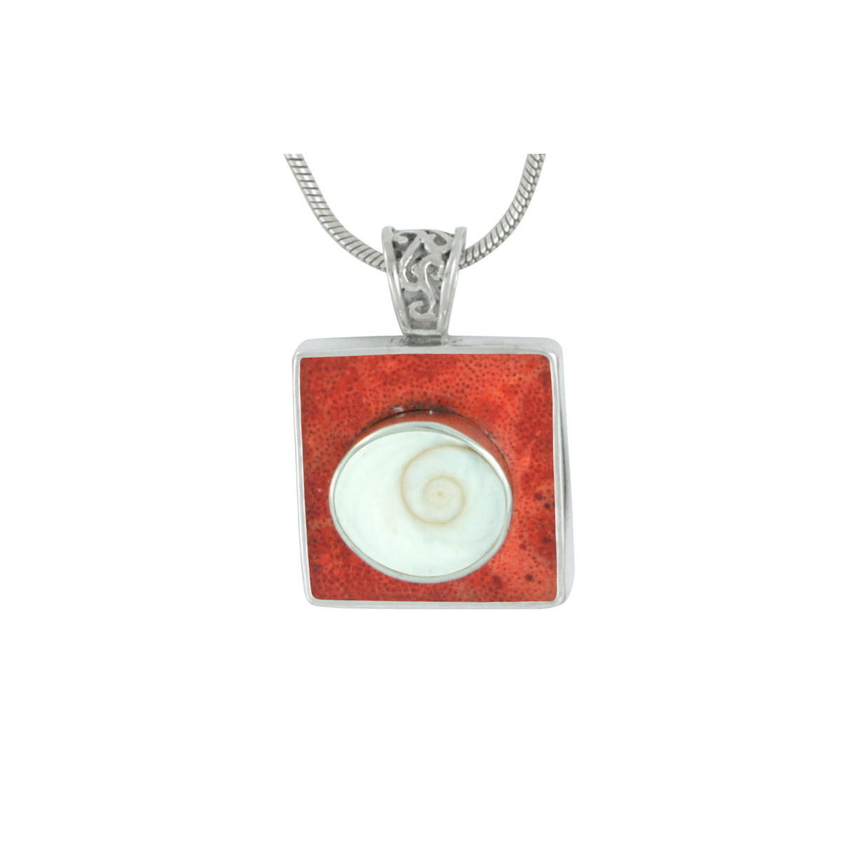 Silver Pendant Coral Square &amp; Shell Spiral Oval Stone