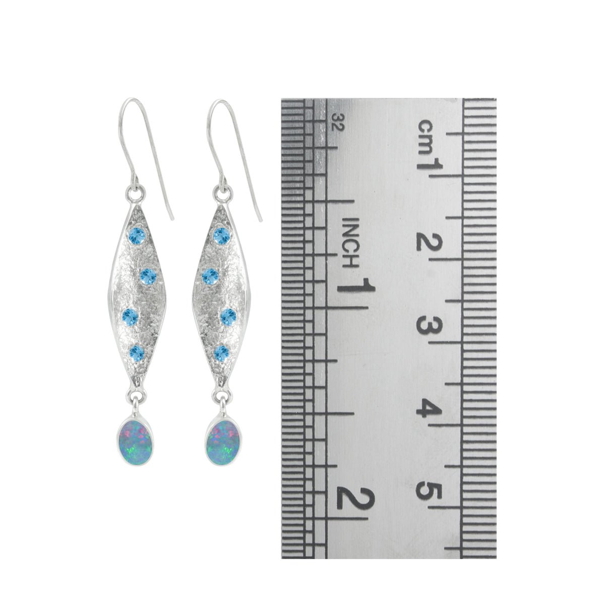 Contemporary Blue Topaz and Opal Earring in Textured Silver