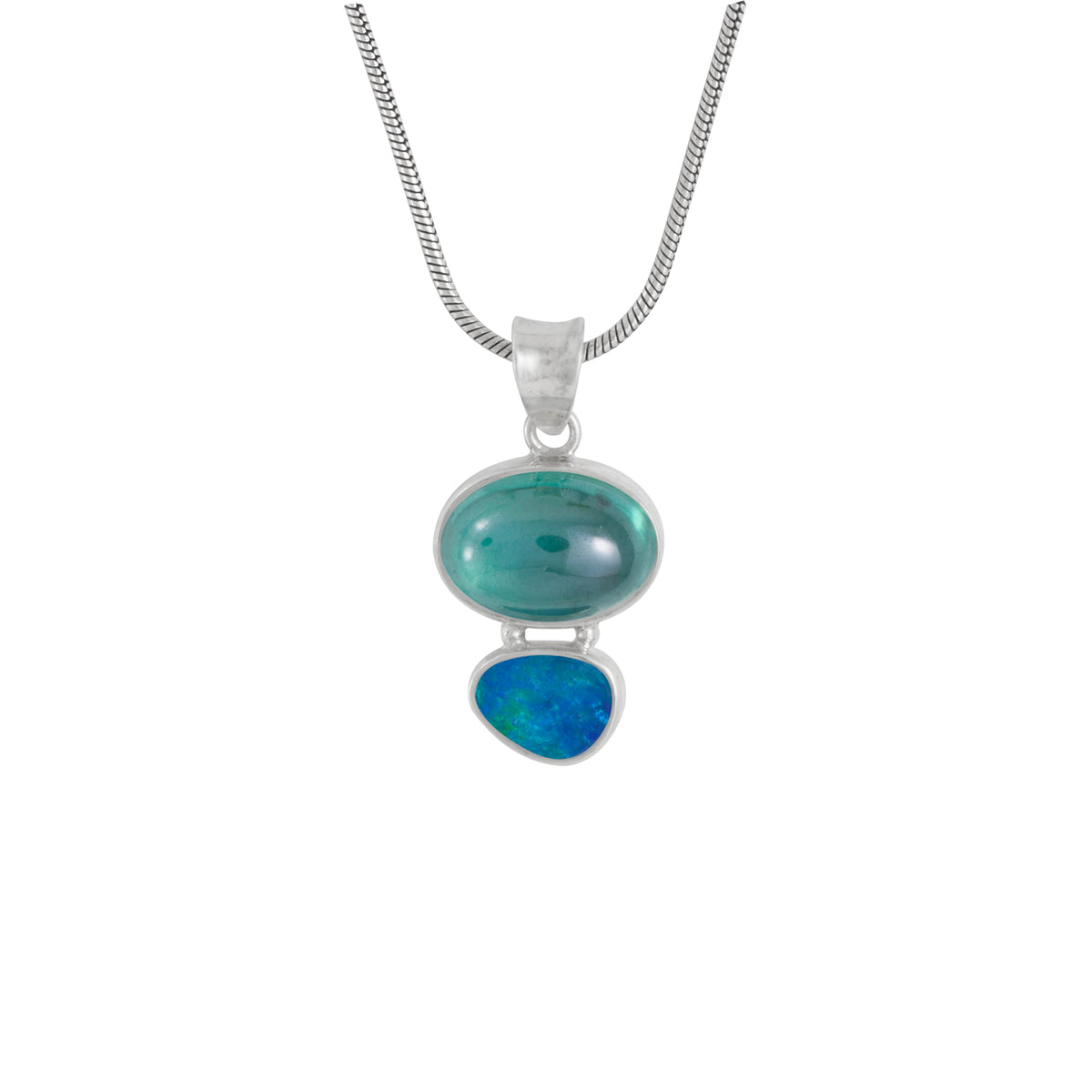 Silver Pendant With Green Topaz Oval Cab And Opal Free Form