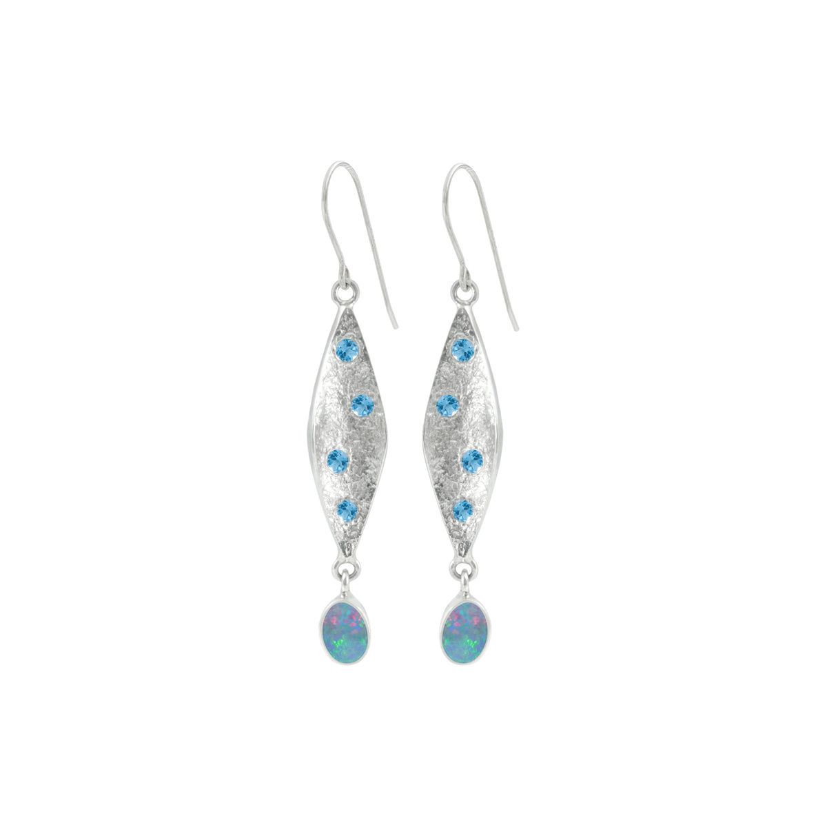Contemporary Blue Topaz and Opal Earring in Textured Silver