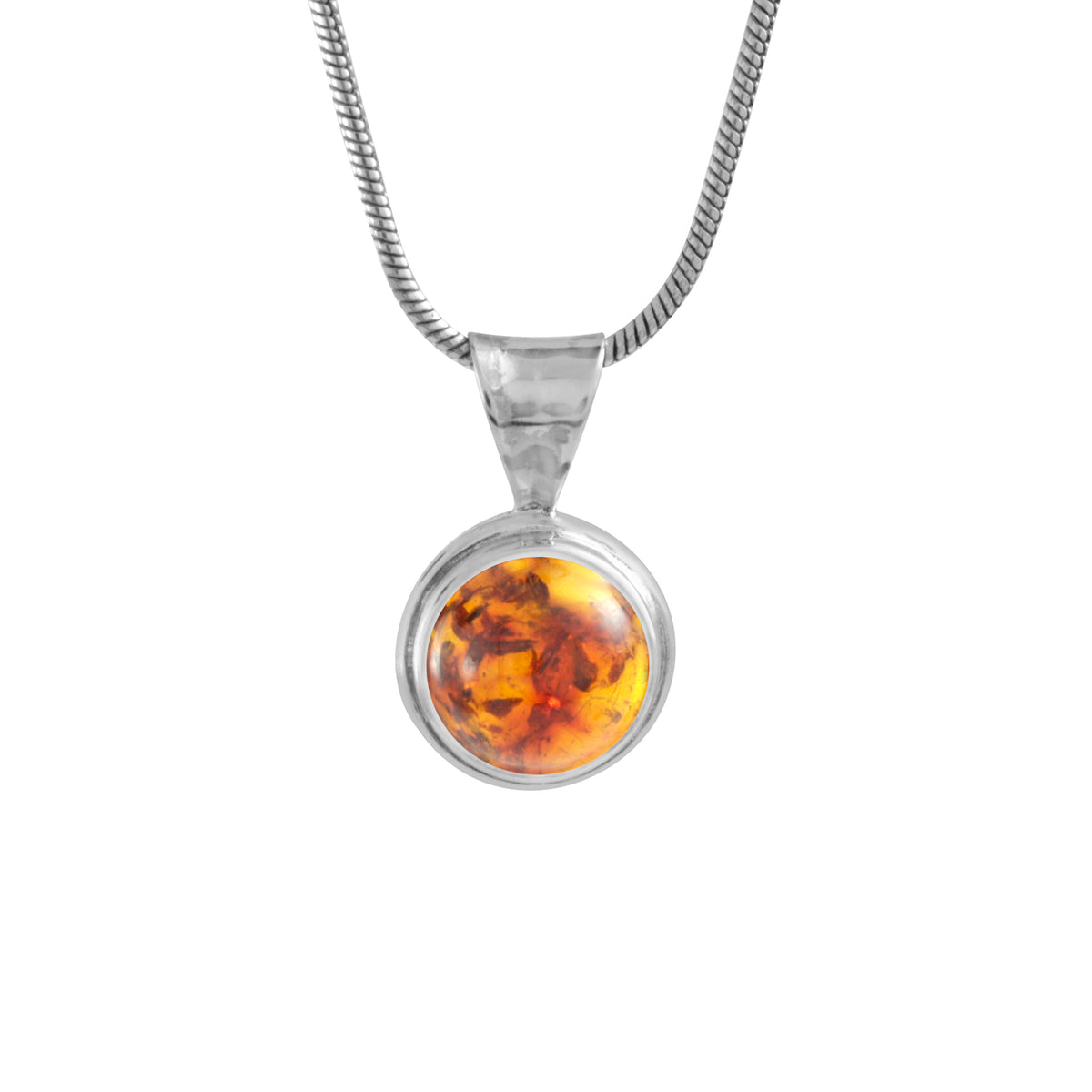 Silver Pendant With Amber Round Single Stone