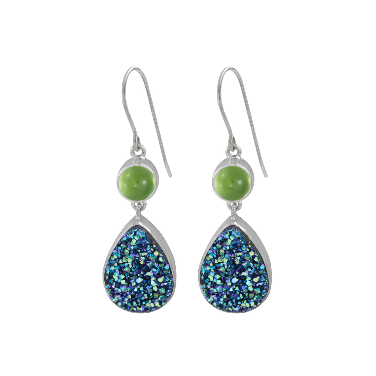 Silver Earring With Pearl Round &amp; Green Druzy Tear Drop