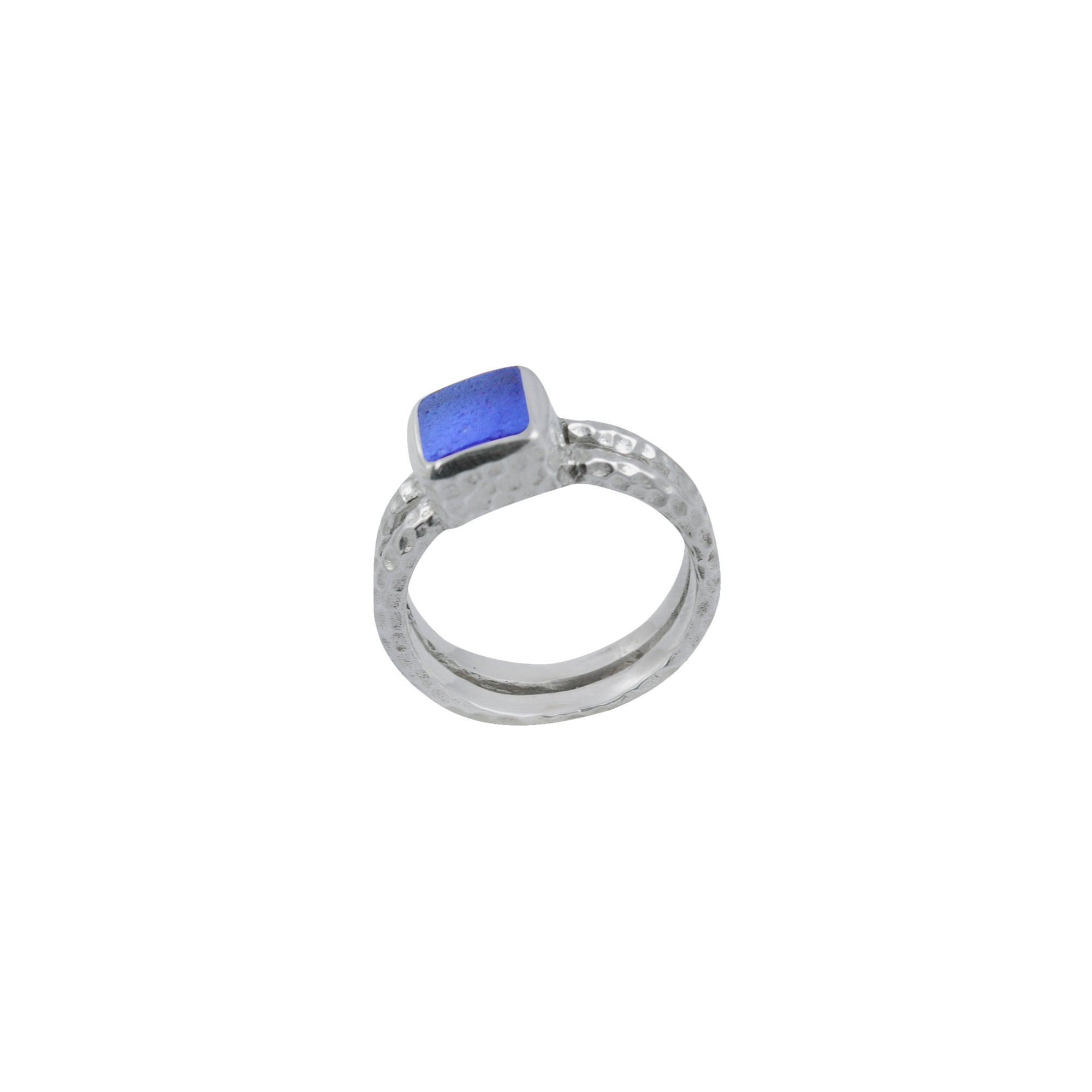 Cobalt Blue Sea Glass Ring with hammered Silver texture