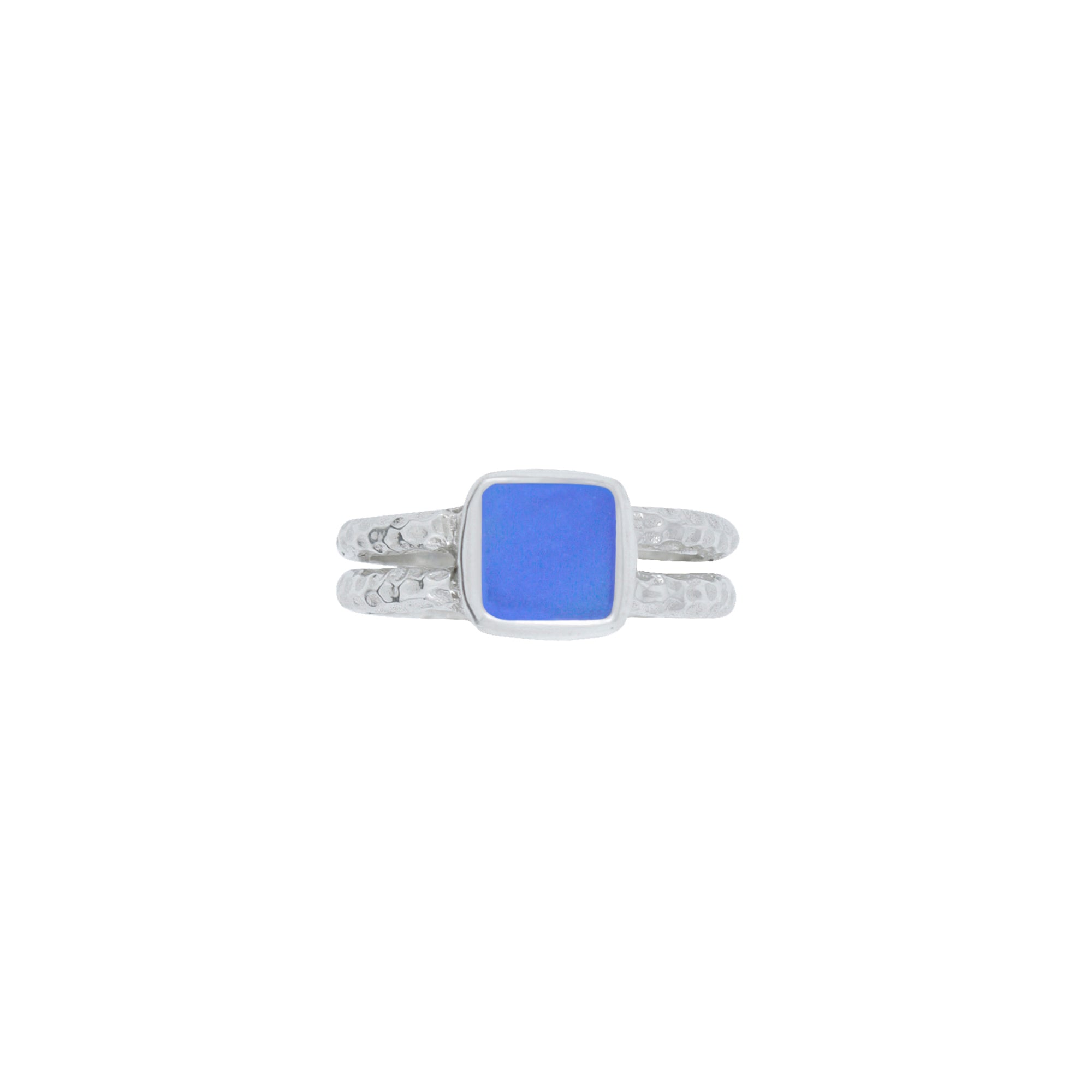 Cobalt Blue Sea Glass Ring with hammered Silver texture