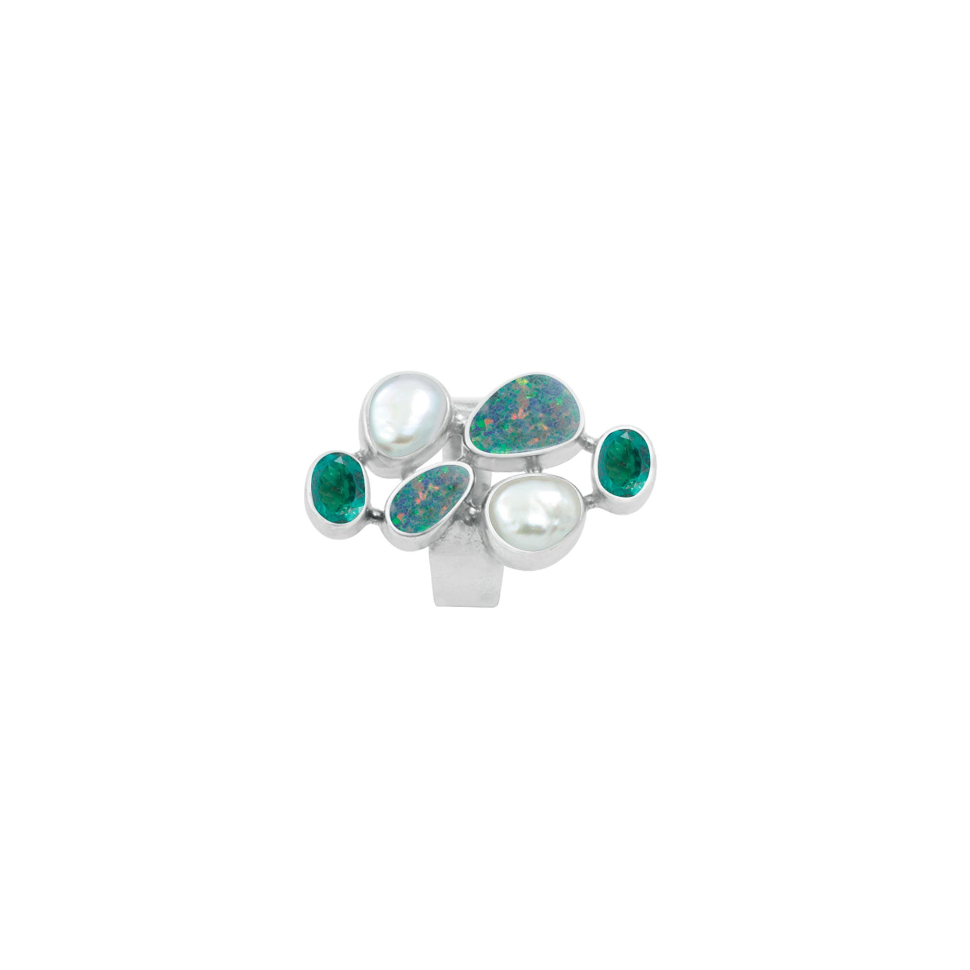 Silver Ring With Opal Free Form, Pearl & Green Topaz