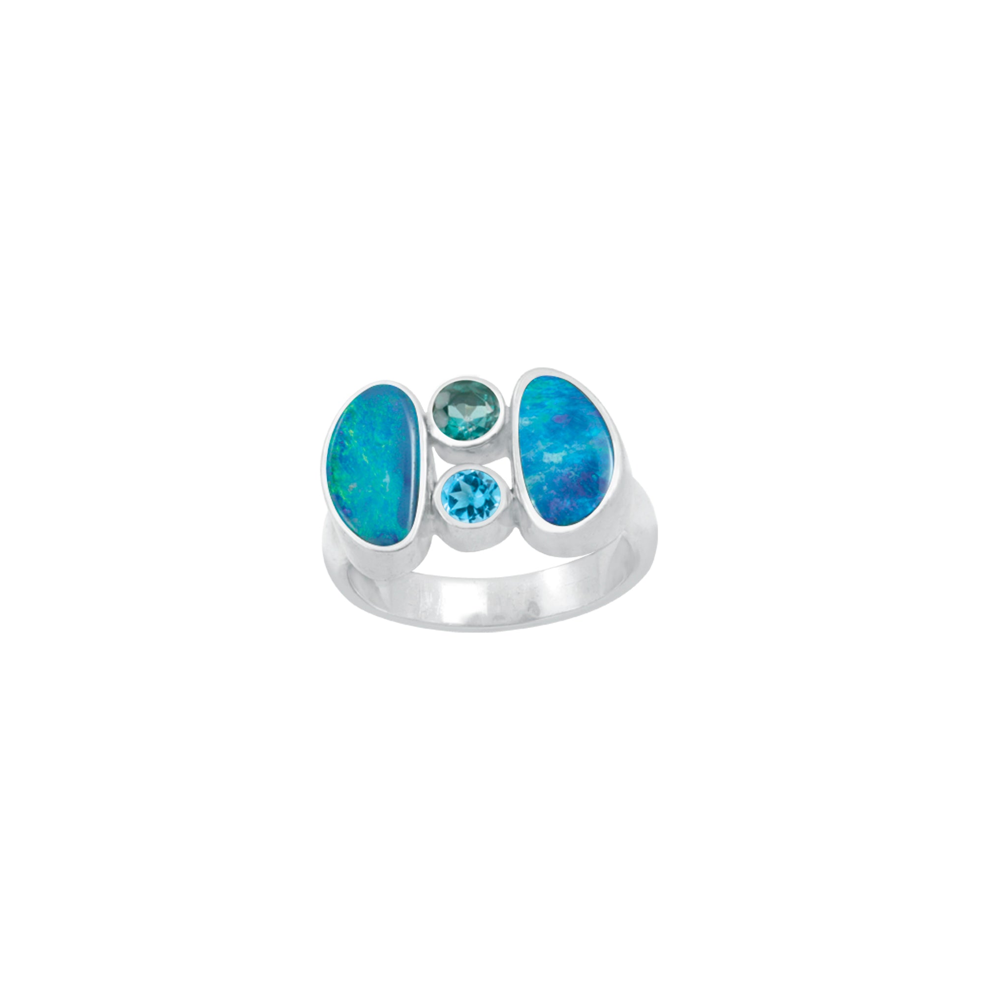 Silver Ring With Opal Free Form, Green & Blue Topaz Round