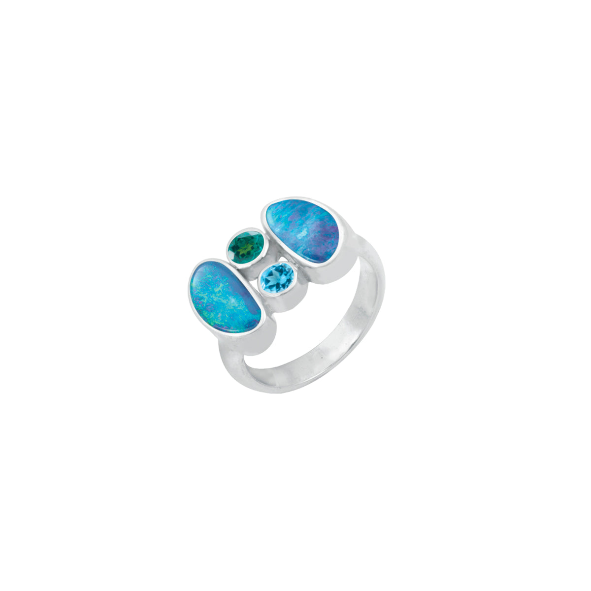 Silver Ring With Opal Free Form, Green &amp; Blue Topaz Round