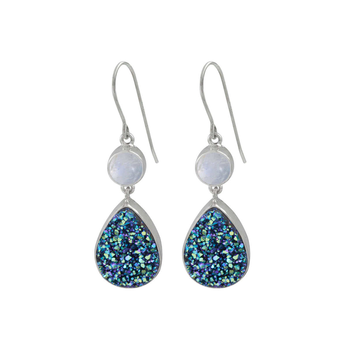 Silver Earring With Pearl Round &amp; Green Druzy Tear Drop